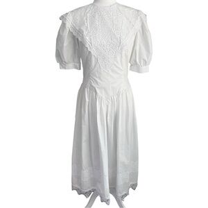 Vintage Gunne Sax Jessica McClintock White Lace Drop Waist Midi Dress Sz 11/12